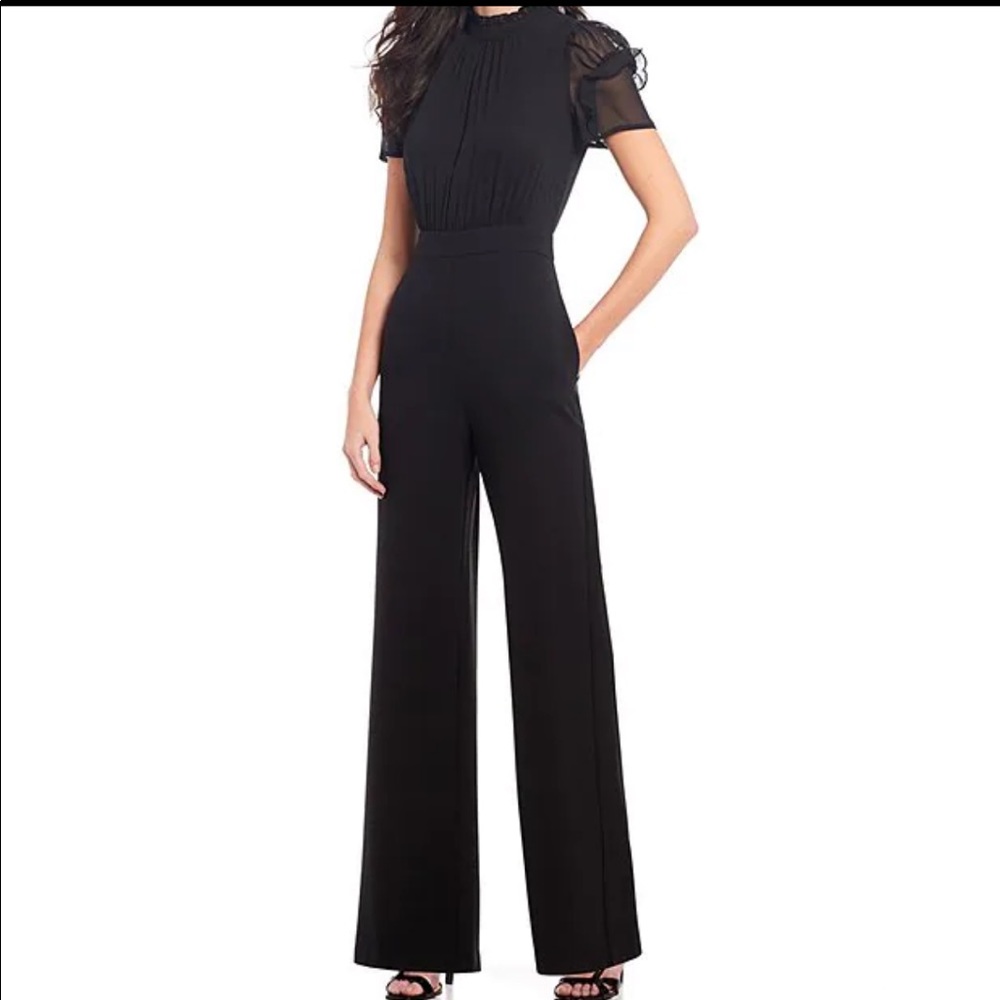 Vince Camaro short sleeve mock neck chiffon bodice jumpsuit (black)